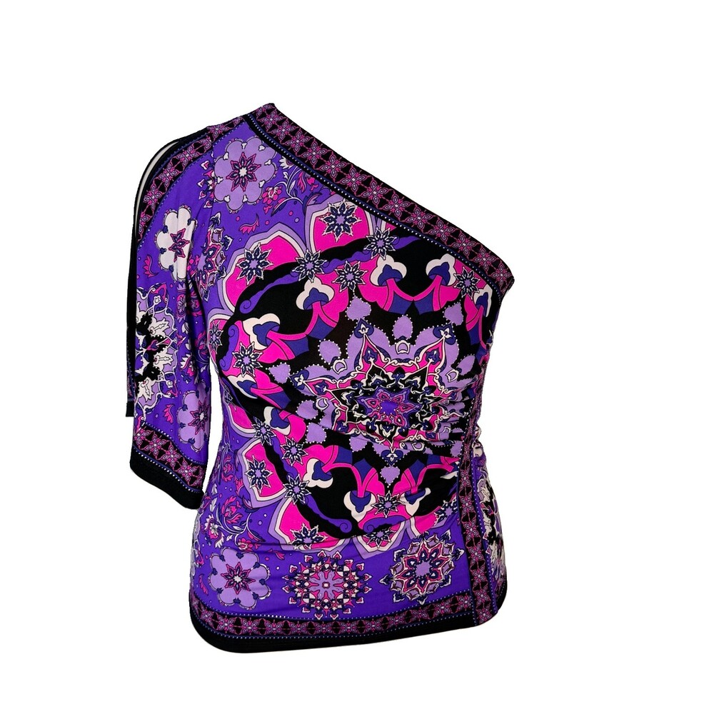 Cache One Shoulder Blouse Women's M Purple Medallion Y2k